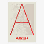 Poster of Algeciras composed with letters in extra light font printed on red and an off-white background