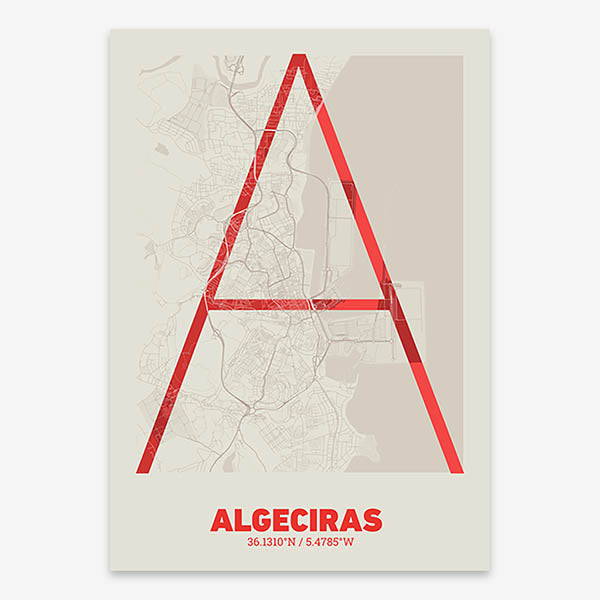 Poster of Algeciras composed with letters in extra light font printed on red and an off-white background