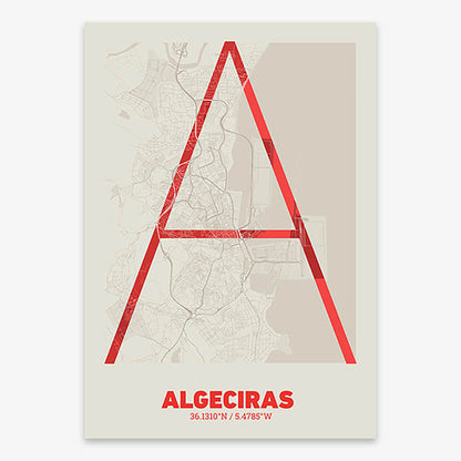 Poster of Algeciras composed with letters in extra light font printed on red and an off-white background
