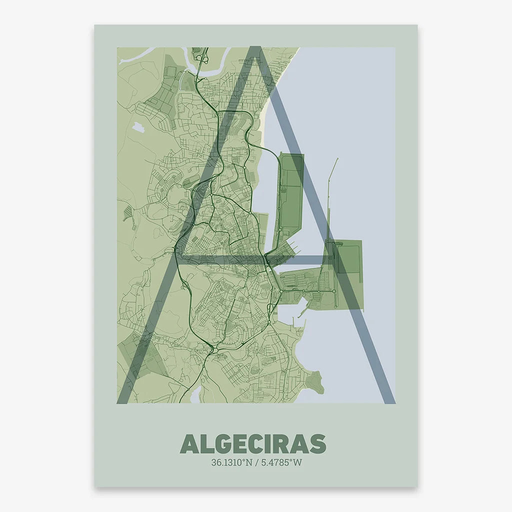 Poster of Algeciras composed with letters in extra light font printed on two green tones