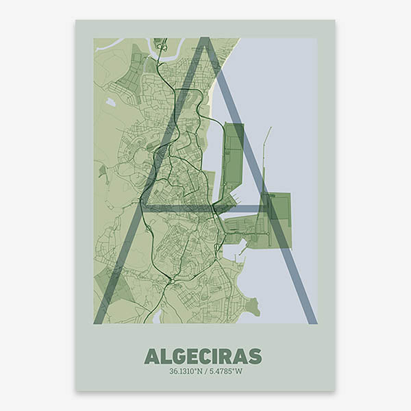 Poster of Algeciras composed with letters in extra light font printed on two green tones