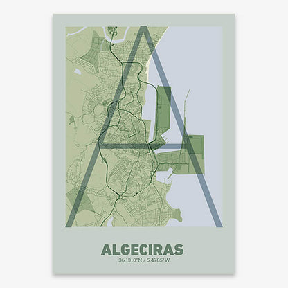 Poster of Algeciras composed with letters in extra light font printed on two green tones