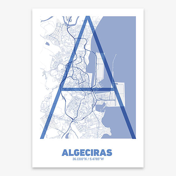 Poster of Algeciras composed with letters in extra light font printed on navy blue and white