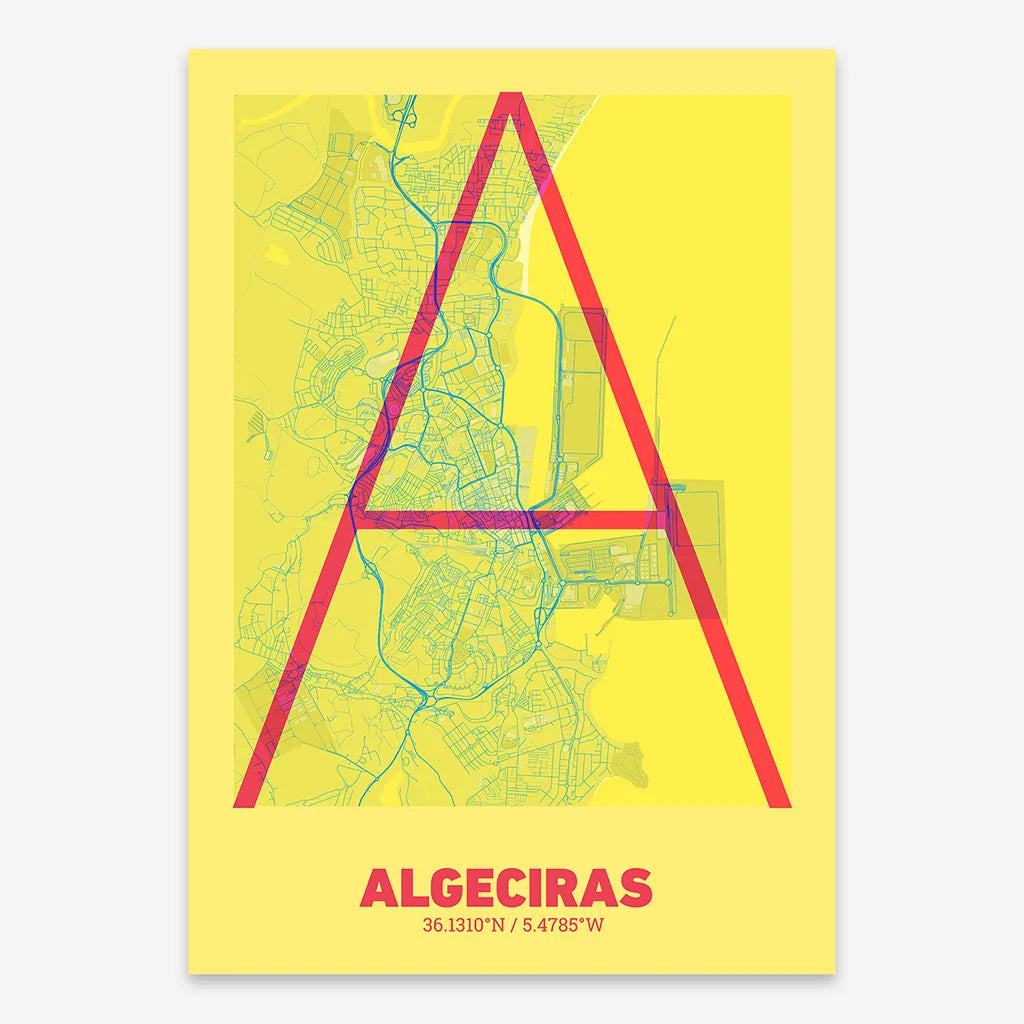 Poster of Algeciras composed with letters in extra light font printed on yellow and fuchsia