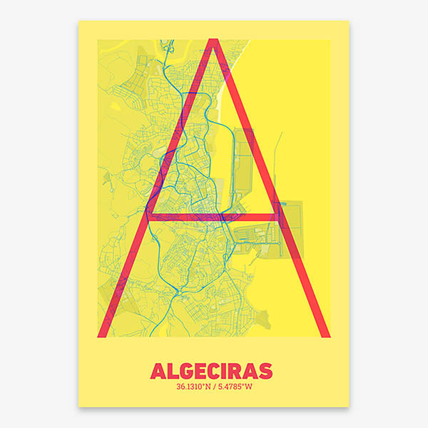 Poster of Algeciras composed with letters in extra light font printed on yellow and fuchsia
