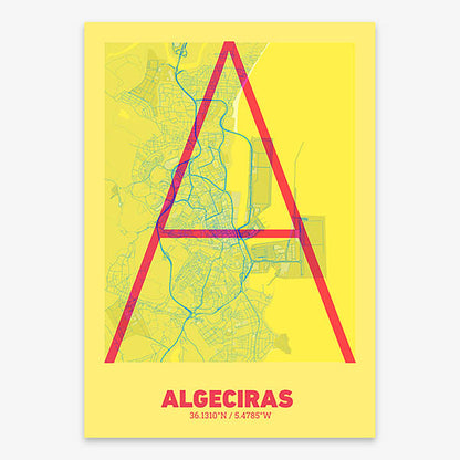 Poster of Algeciras composed with letters in extra light font printed on yellow and fuchsia