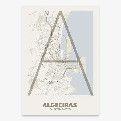 Mapa de Algeciras en el diseño la Ultrafina, una estética minimalista que combina cartografía urbana con letras modernas, finas y elegantes diseñado en marrón claro y fondo blanco roto