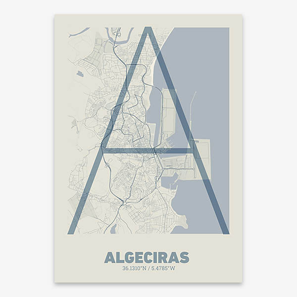 Poster of Algeciras composed with letters in extra light font printed on bluish gray and an off-white background