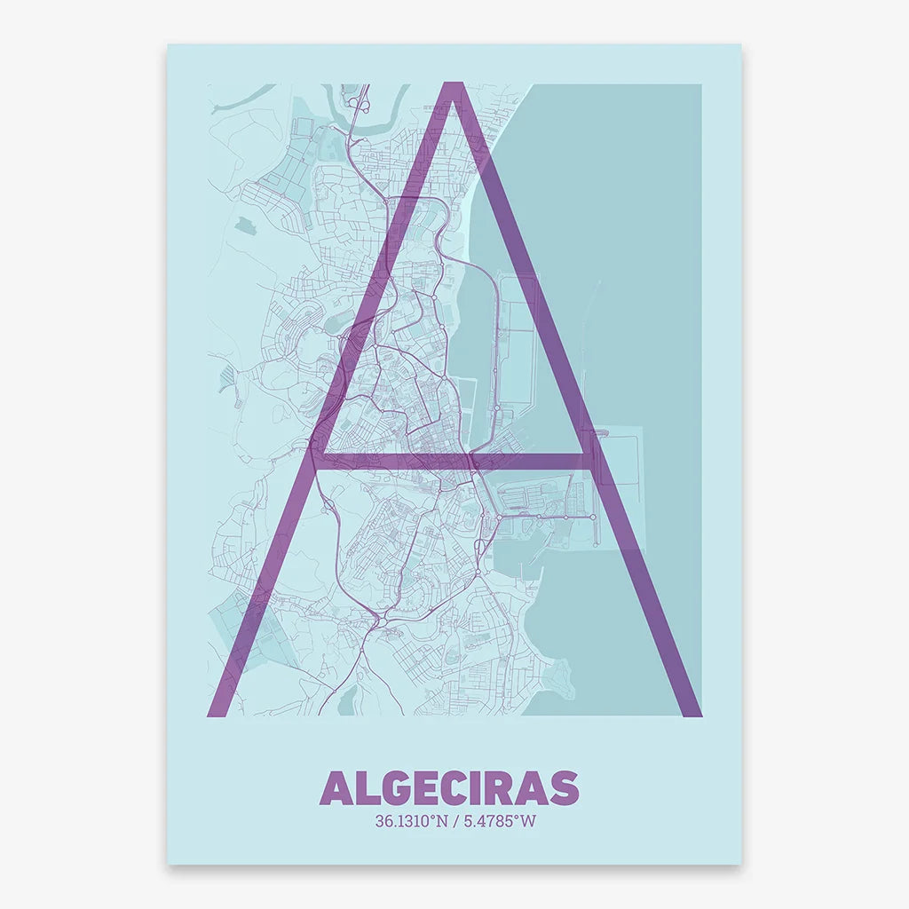 Poster of Algeciras composed with letters in extra light font printed on purple and light blue