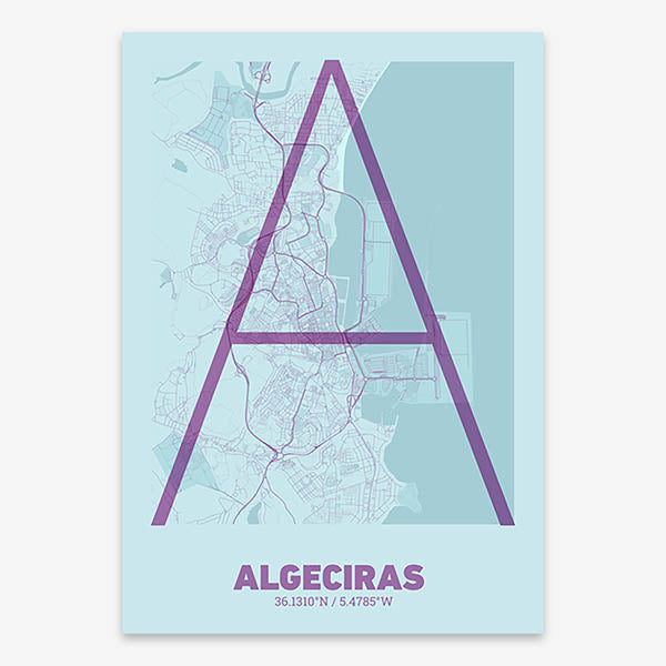 Poster of Algeciras composed with letters in extra light font printed on purple and light blue