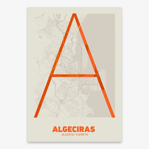 Mapa de Algeciras en el diseño la Ultrafina, una estética minimalista que combina cartografía urbana con letras modernas, finas y elegantes diseñado en naranja y fondo blanco roto