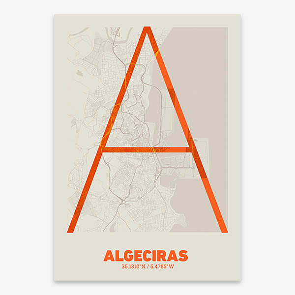 Poster of Algeciras composed with letters in extra light font printed on orange and an off-white background