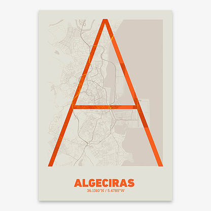 Poster of Algeciras composed with letters in extra light font printed on orange and an off-white background