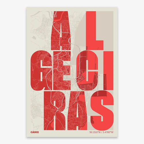 Mapa de Algeciras en el diseño la Revoltosa, donde las letras del nombre aparecen aleatoriamente en diferentes líneas para un diseño urbano realmente original diseñado en rojo y fondo blanco roto