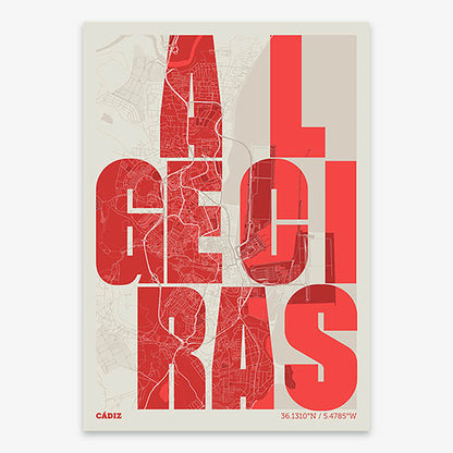 Decorative print of Algeciras with letters of its name placed randomly, designed in red and an off-white background
