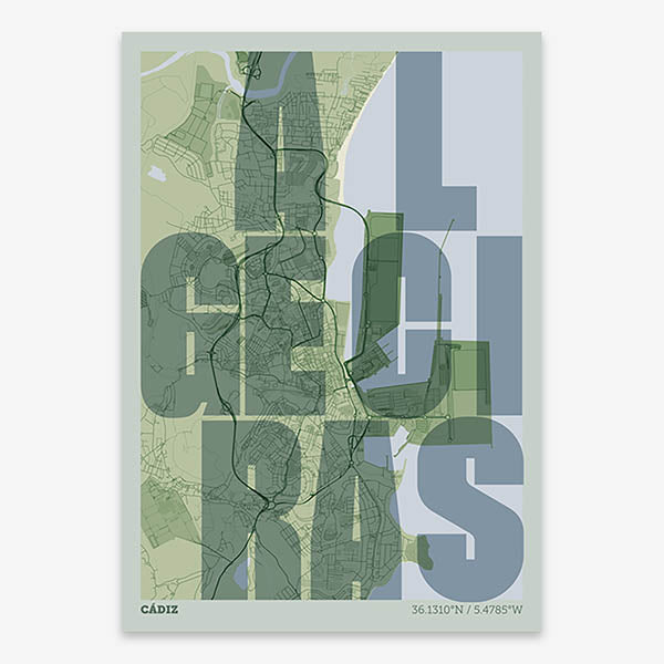 Decorative print of Algeciras with letters of its name placed randomly, designed in two green tones