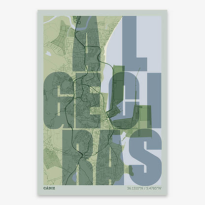 Decorative print of Algeciras with letters of its name placed randomly, designed in two green tones