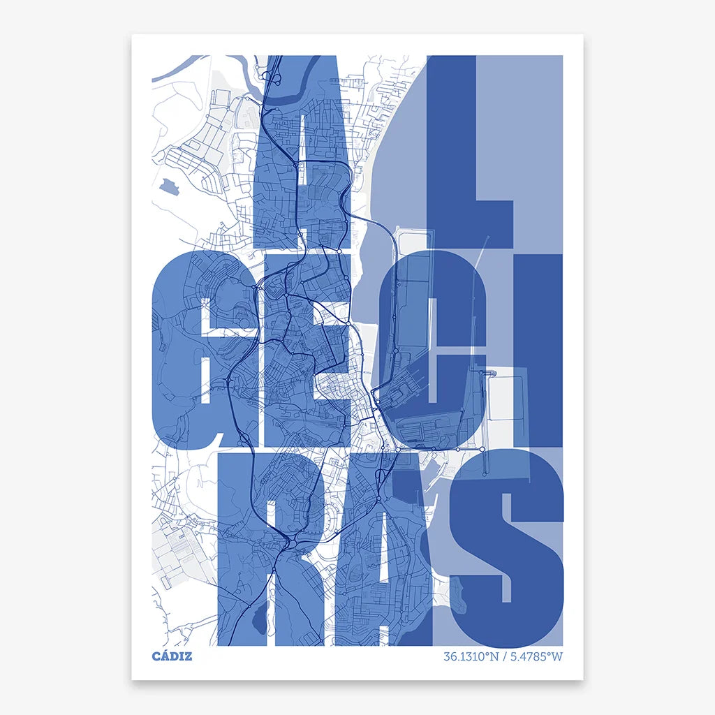 Decorative print of Algeciras with letters of its name placed randomly, designed in navy blue and white