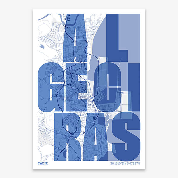 Decorative print of Algeciras with letters of its name placed randomly, designed in navy blue and white