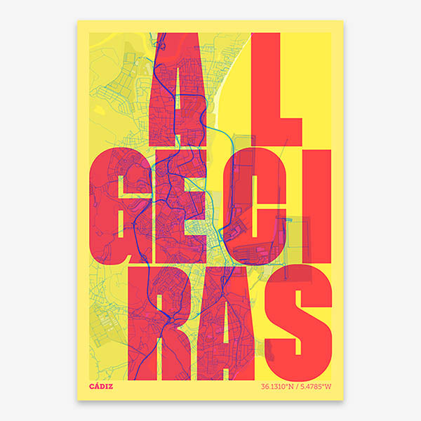Decorative print of Algeciras with letters of its name placed randomly, designed in yellow and fuchsia