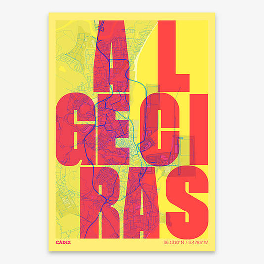 Decorative print of Algeciras with letters of its name placed randomly, designed in yellow and fuchsia