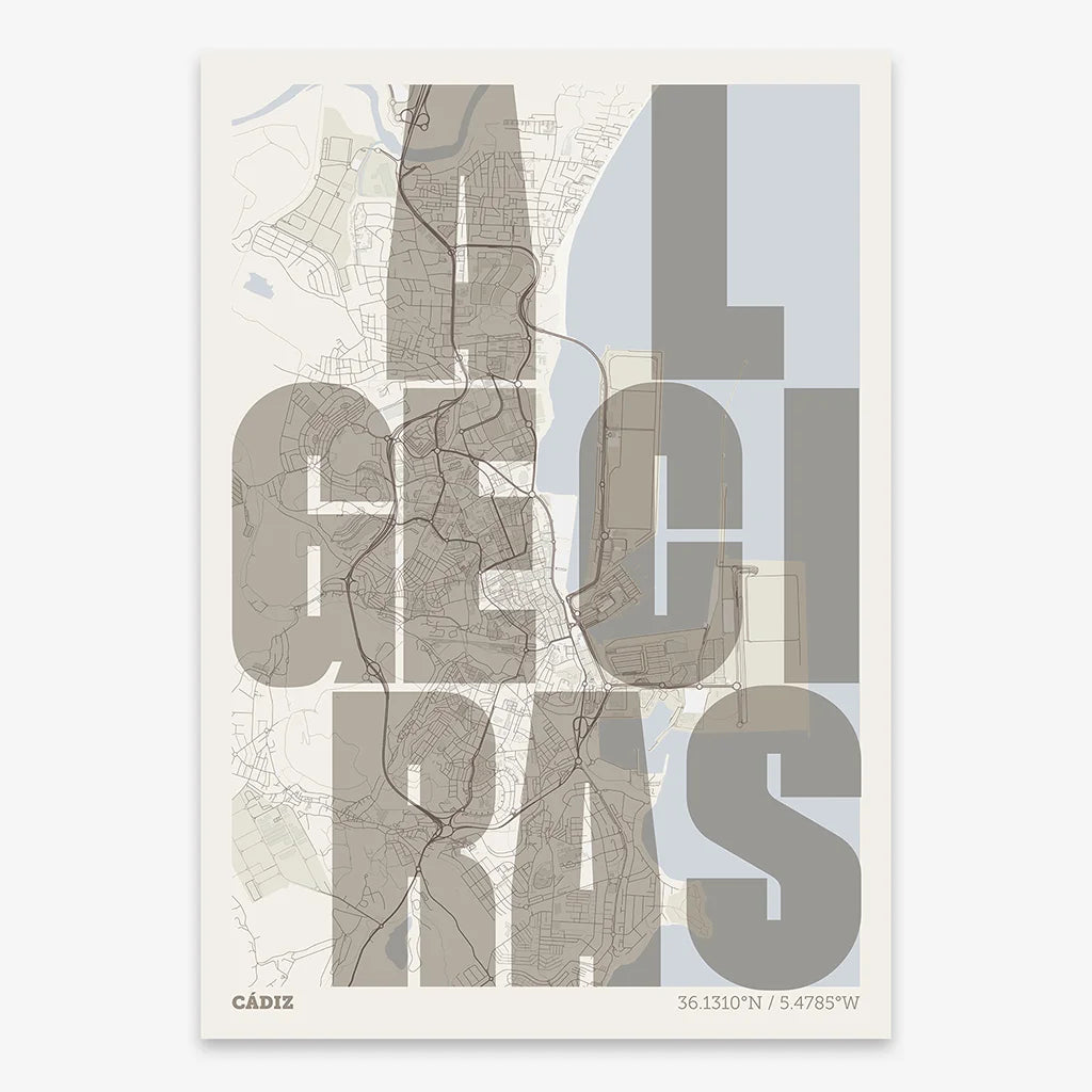 Decorative print of Algeciras with letters of its name placed randomly, designed in light brown and an off-white background