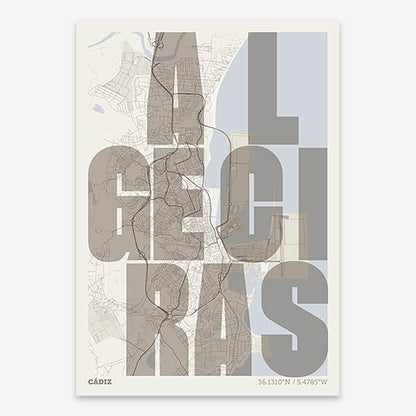 Decorative print of Algeciras with letters of its name placed randomly, designed in light brown and an off-white background