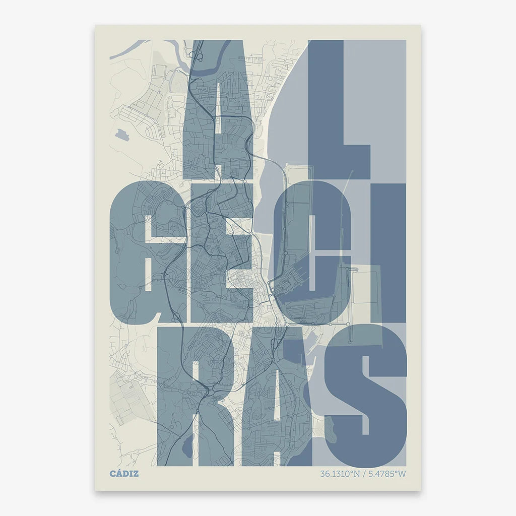 Decorative print of Algeciras with letters of its name placed randomly, designed in bluish gray and an off-white background