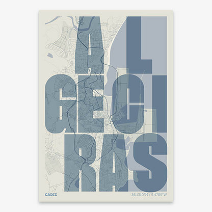 Decorative print of Algeciras with letters of its name placed randomly, designed in bluish gray and an off-white background