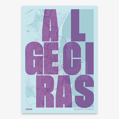 Decorative print of Algeciras with letters of its name placed randomly, designed in purple and light blue