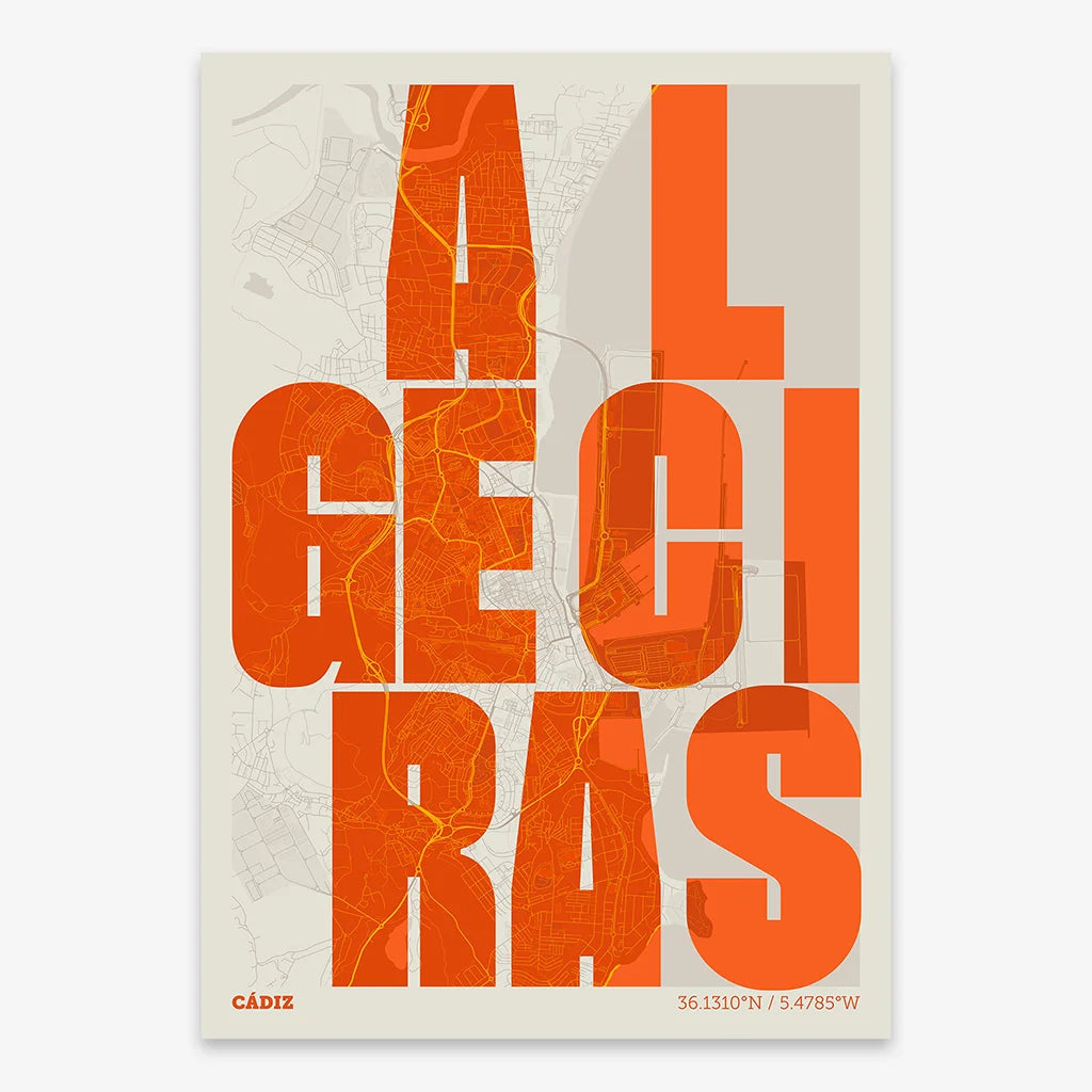 Decorative print of Algeciras with letters of its name placed randomly, designed in orange and an off-white background