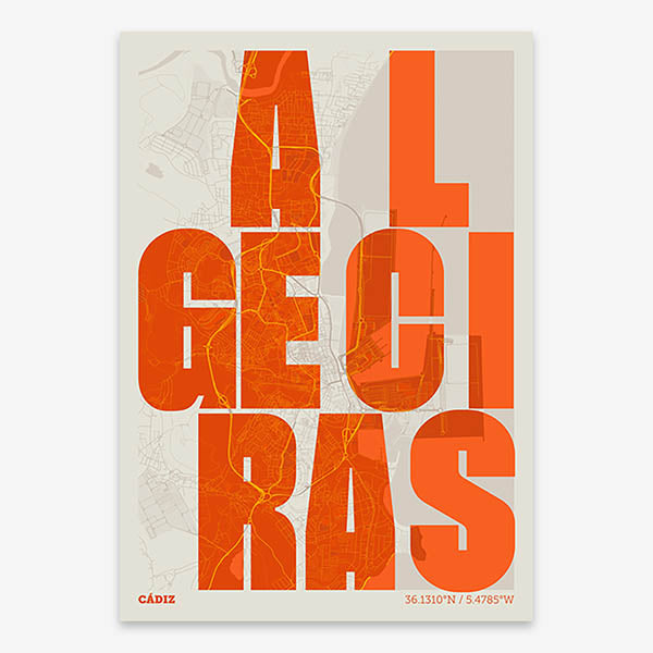 Decorative print of Algeciras with letters of its name placed randomly, designed in orange and an off-white background
