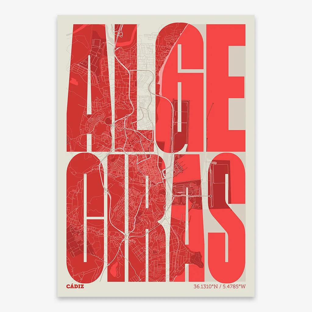 Decorative map of Algeciras and letters of its name in a giclée print designed in red and an off-white background