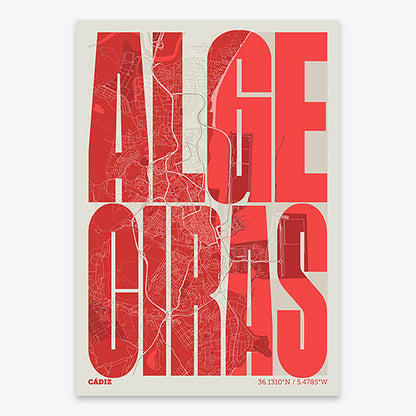 Decorative map of Algeciras and letters of its name in a giclée print designed in red and an off-white background