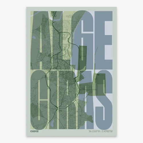 Mapa de Algeciras en el diseño la Extra Comprimida, donde las letras se ajustan al ancho del mapa de la ciudad diseñado en dos tonos de verde