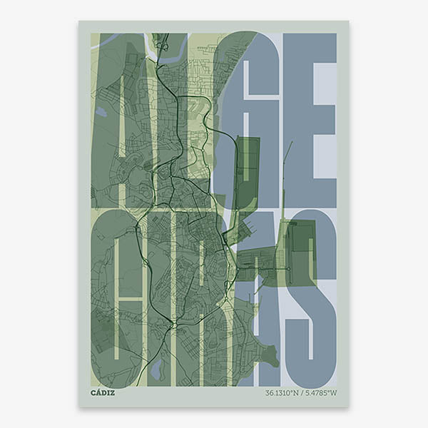 Decorative map of Algeciras and letters of its name in a giclée print designed in two green tones