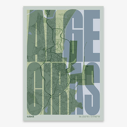 Decorative map of Algeciras and letters of its name in a giclée print designed in two green tones