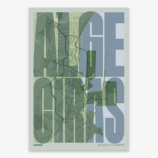 Decorative map of Algeciras and letters of its name in a giclée print designed in two green tones