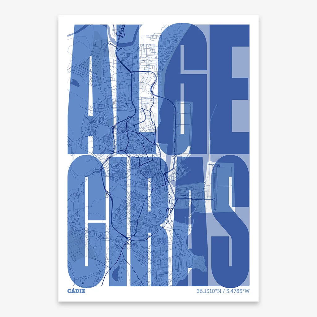 Decorative map of Algeciras and letters of its name in a giclée print designed in navy blue and white