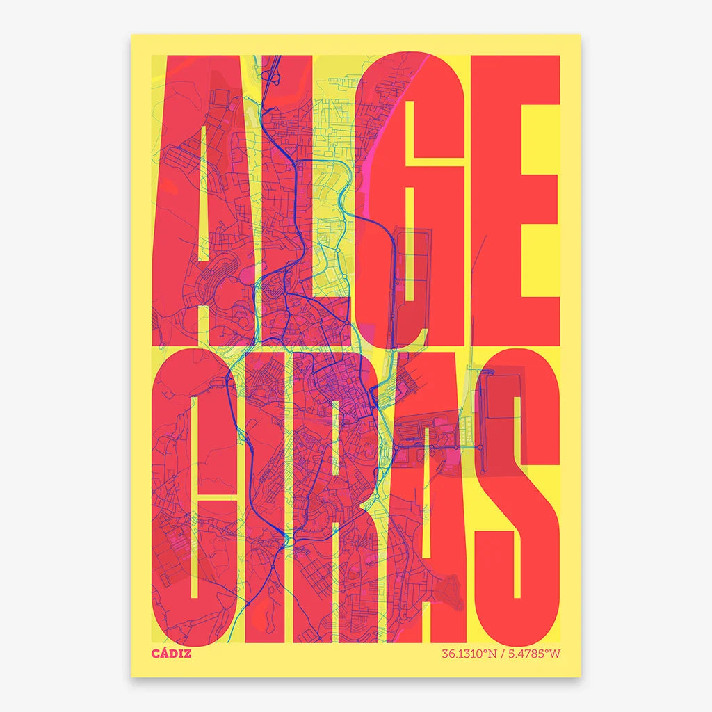Decorative map of Algeciras and letters of its name in a giclée print designed in yellow and fuchsia