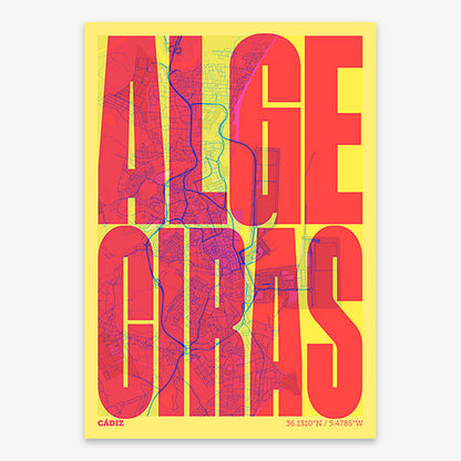 Decorative map of Algeciras and letters of its name in a giclée print designed in yellow and fuchsia