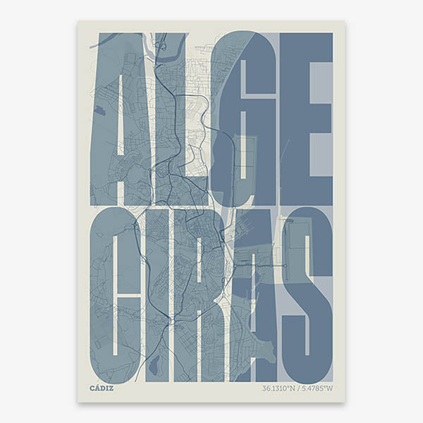 Decorative map of Algeciras and letters of its name in a giclée print designed in bluish gray and an off-white background