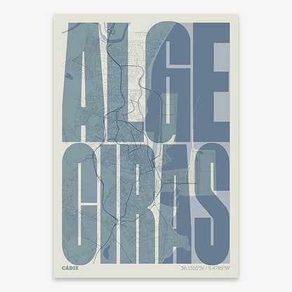 Decorative map of Algeciras and letters of its name in a giclée print designed in bluish gray and an off-white background