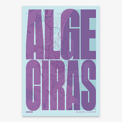 Decorative map of Algeciras and letters of its name in a giclée print designed in purple and light blue