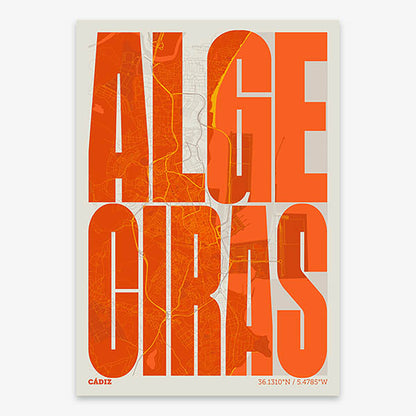 Decorative map of Algeciras and letters of its name in a giclée print designed in orange and an off-white background