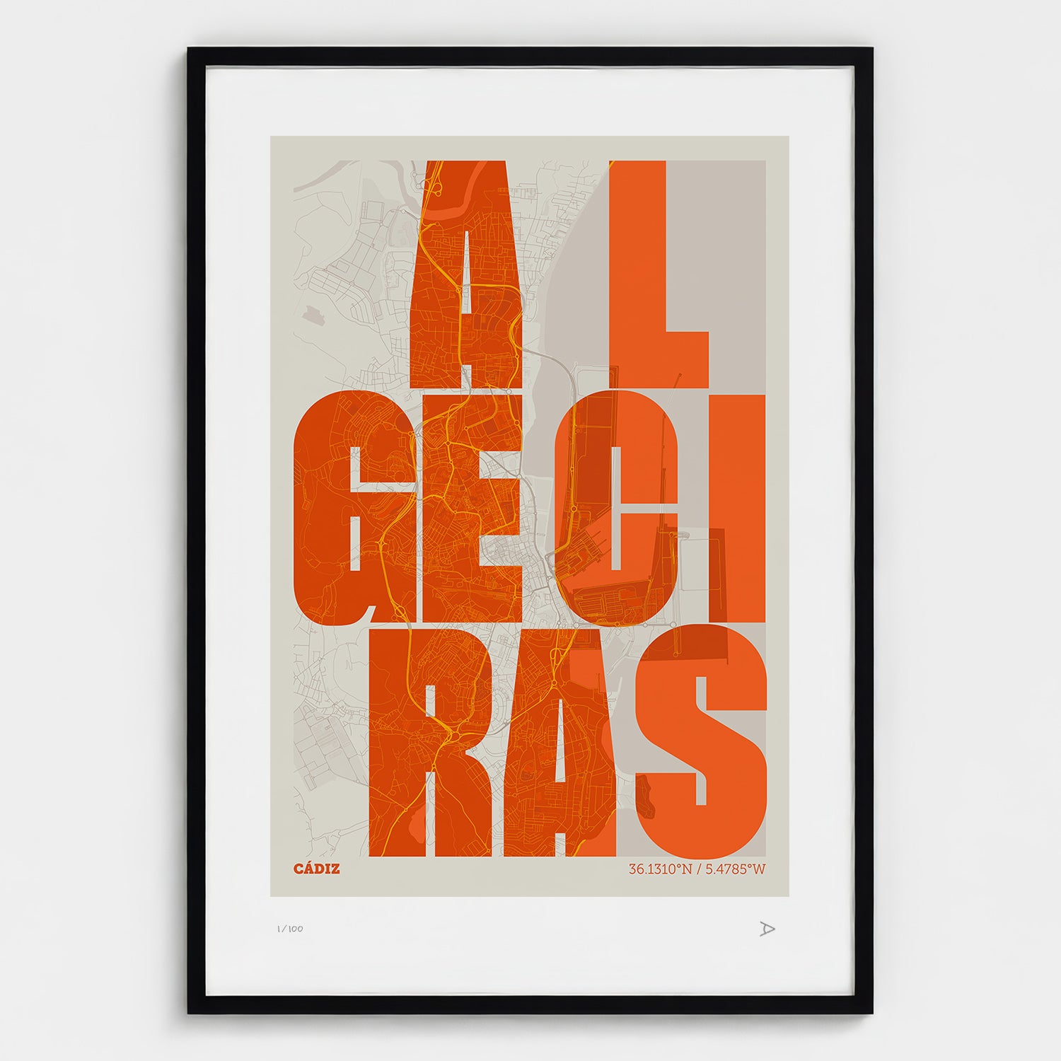 Lámina tipográfica de Algeciras – diseño Revoltosa, marco negro