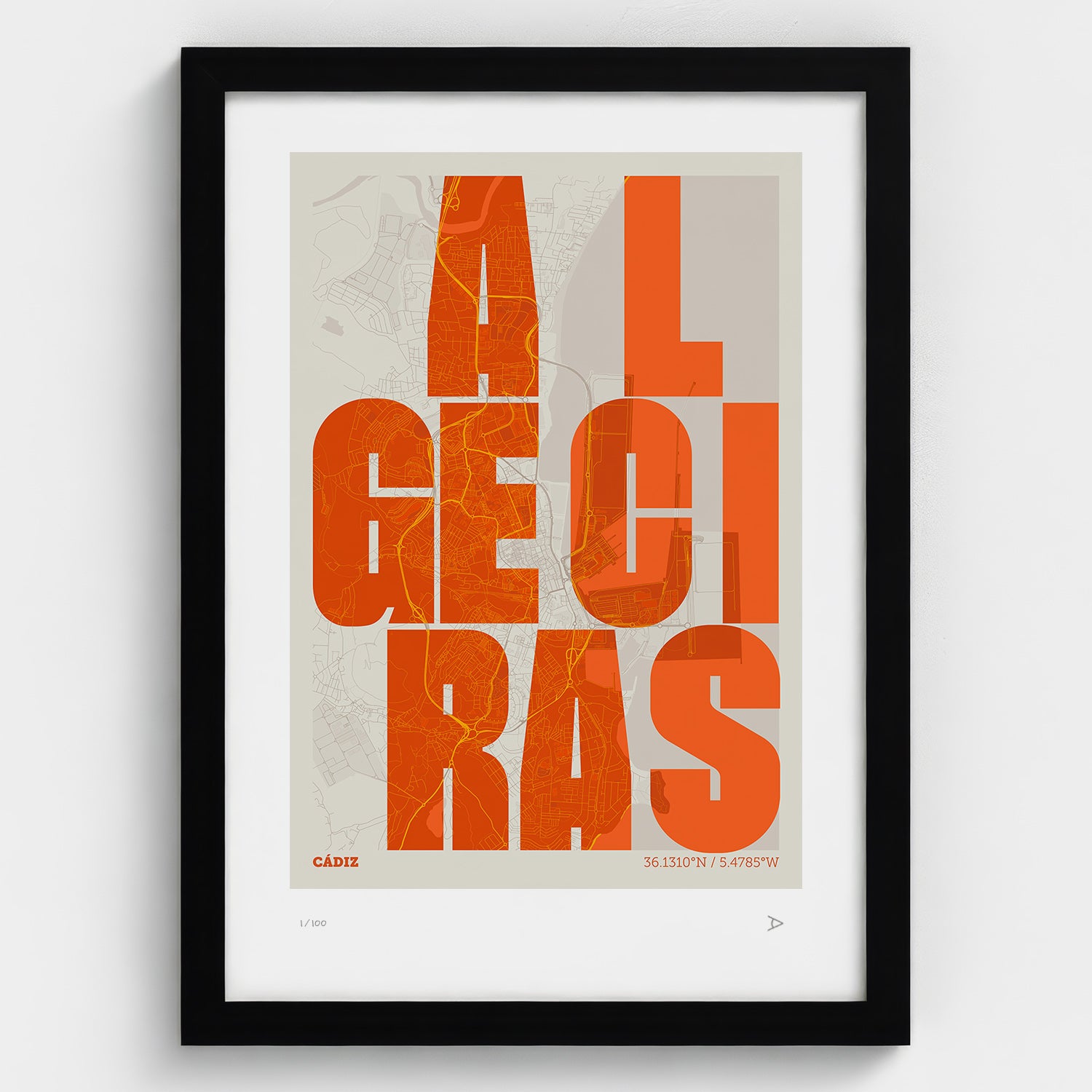 Lámina tipográfica de Algeciras – diseño Revoltosa, marco negro