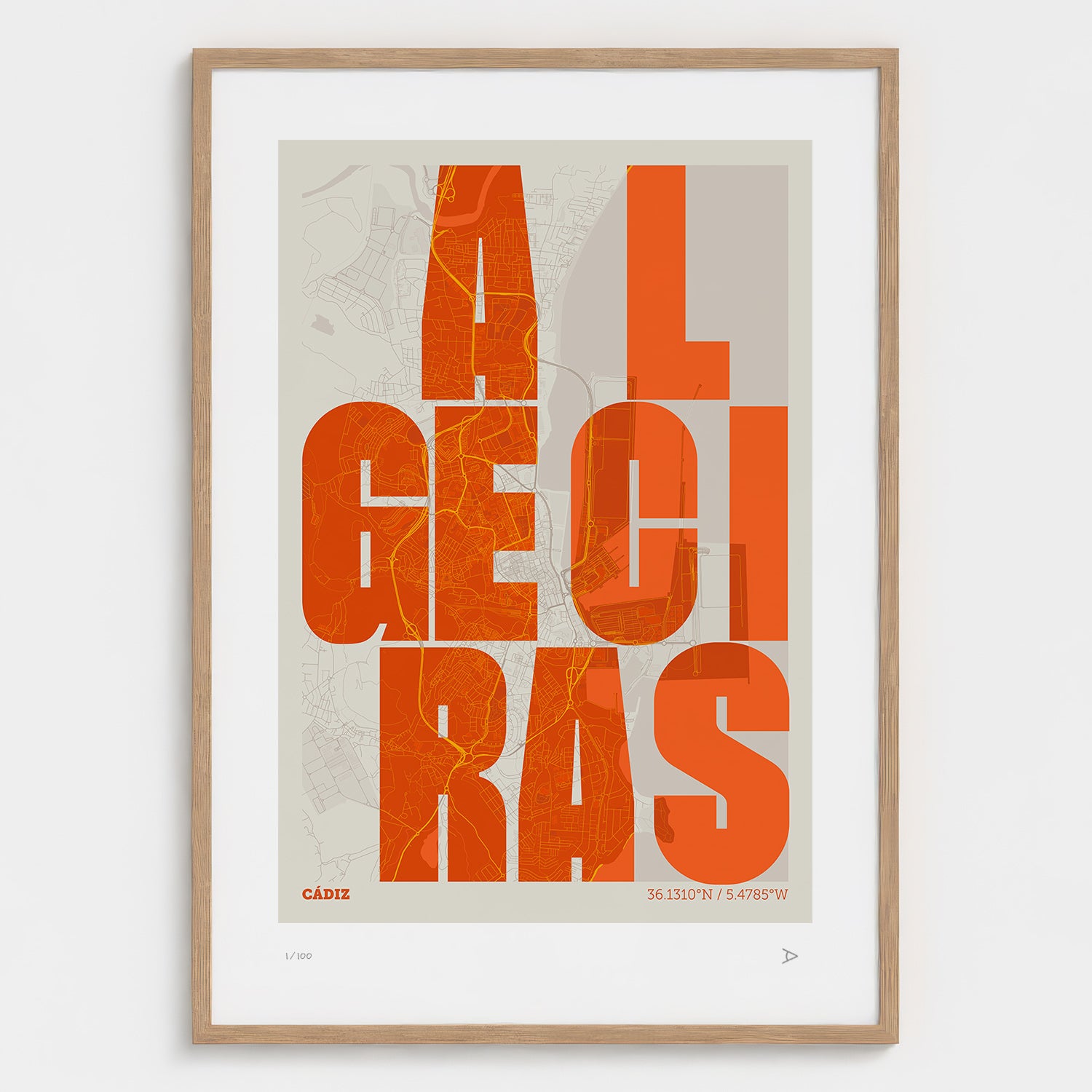 Lámina tipográfica de Algeciras – diseño Revoltosa, marco de madera natural