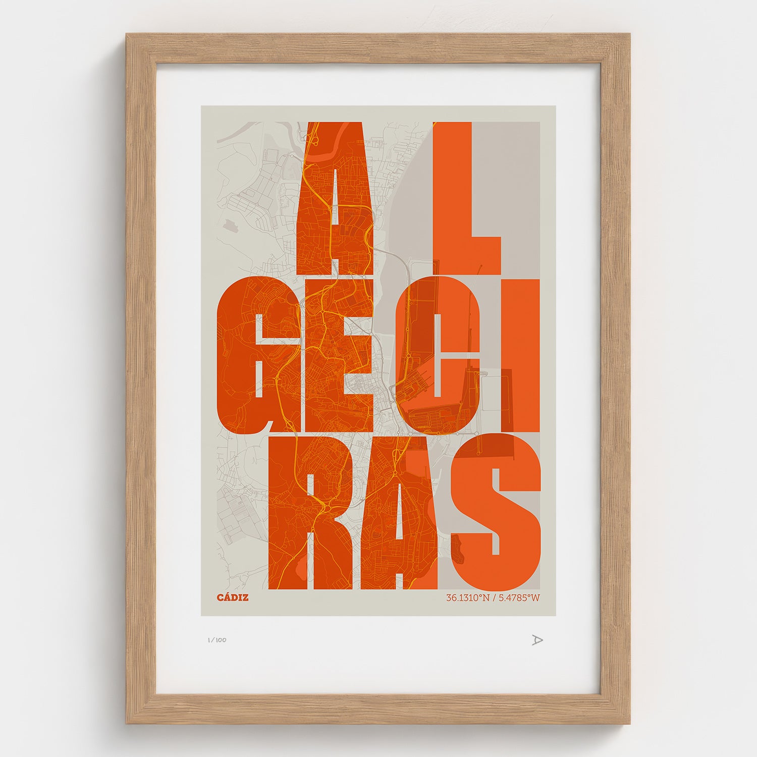 Lámina tipográfica de Algeciras – diseño Revoltosa, marco de madera natural