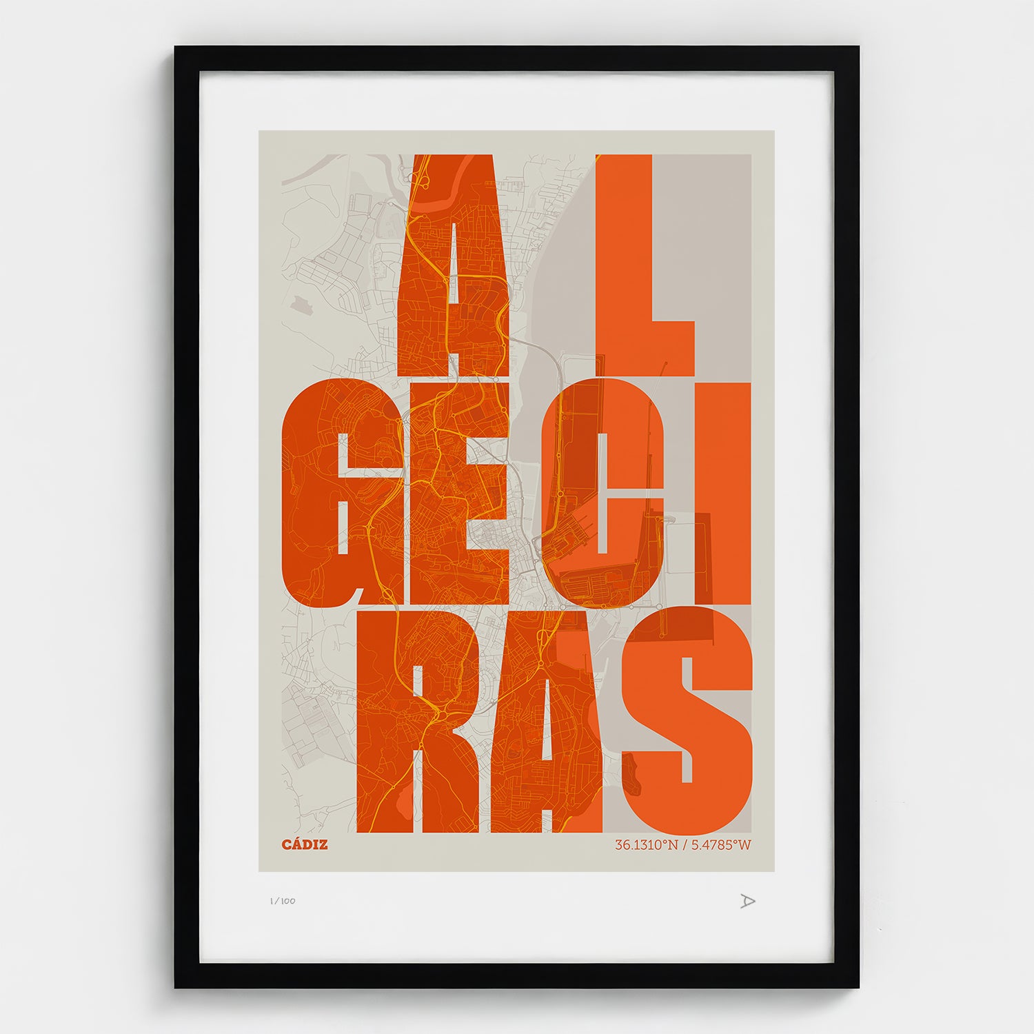 Lámina tipográfica de Algeciras – diseño Revoltosa, marco negro